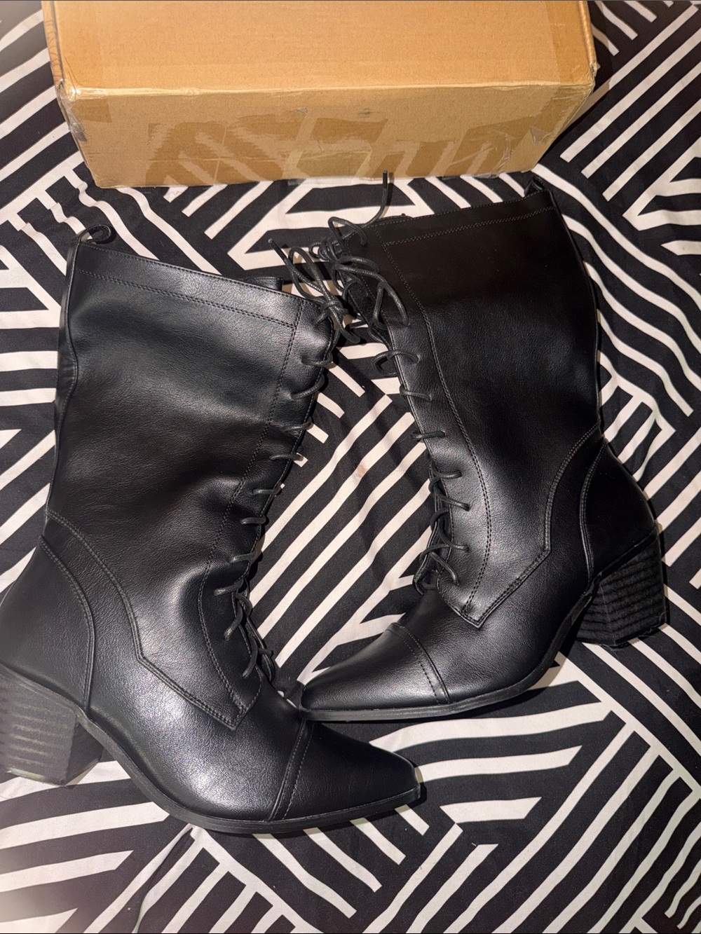 Women's Black Lace-Up Mid-Calf Boots